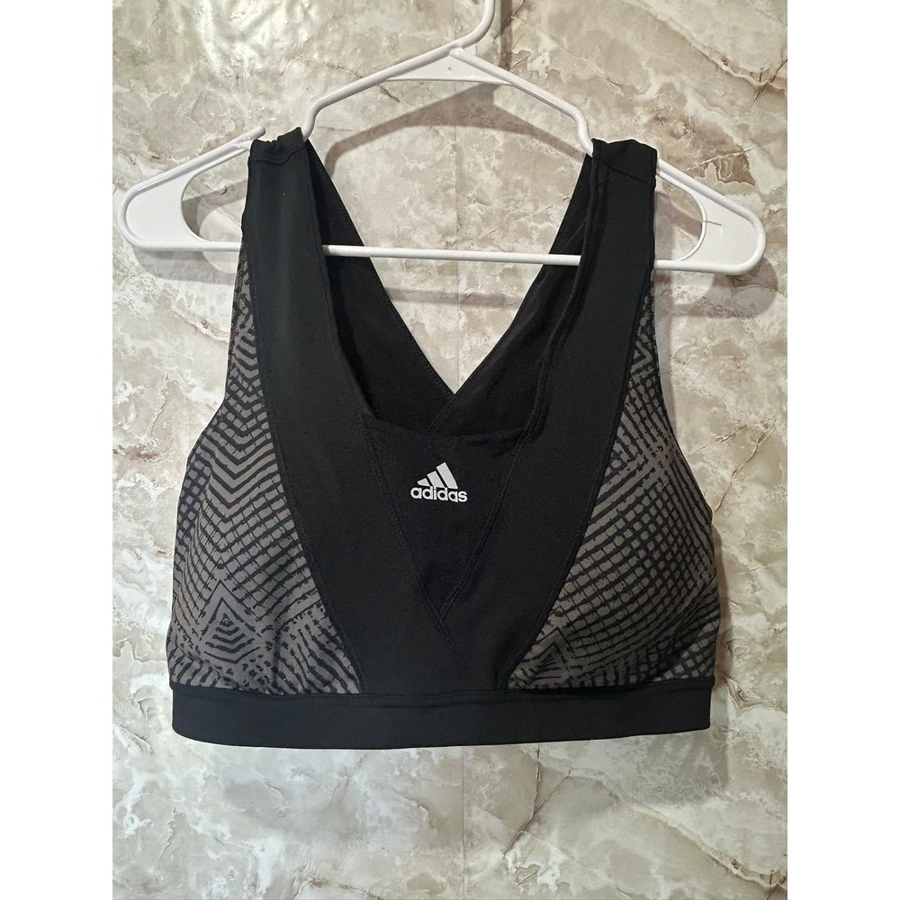 Adidas Womens XL Black Grey Geometric Cross Back Padded Sports Bra Gym Yoga